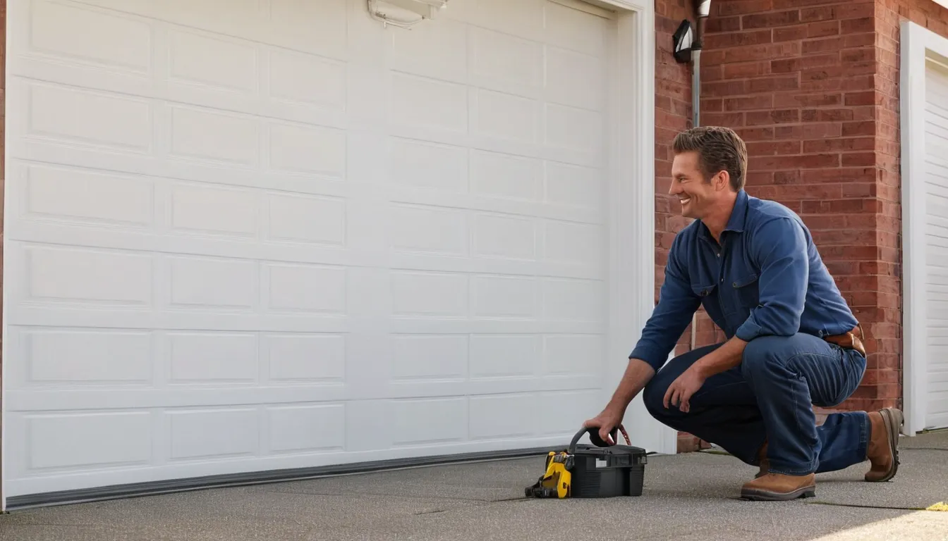 A friendly provider checking a residential garage door in Stockbridge
